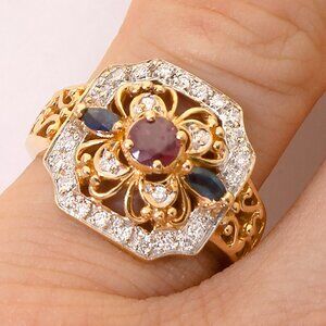 Vintage 18kt Yellow Gold Diamond Ring, Ruby and Sapphire, SZ 6, Appraised $3350